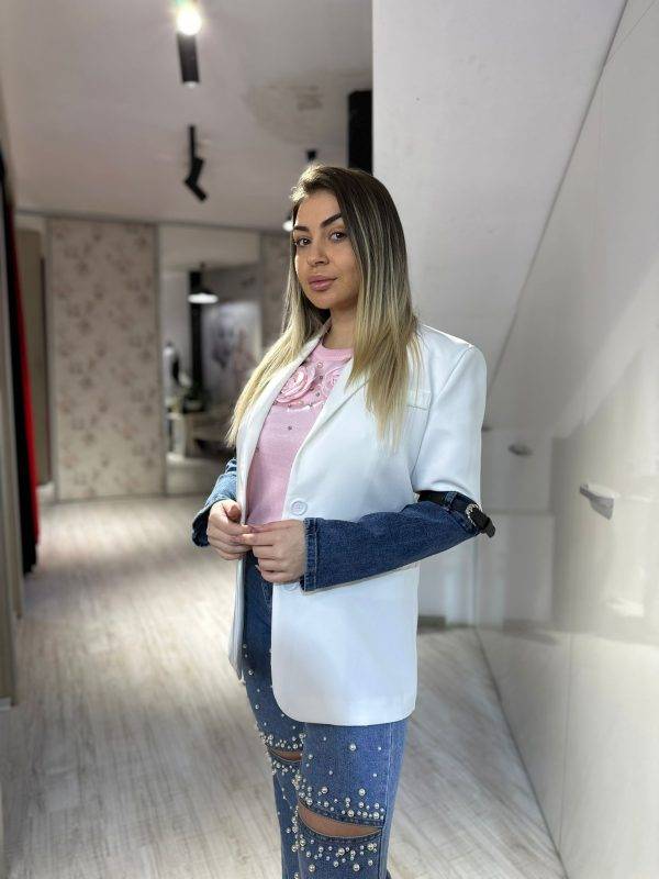 Sacou alb cu maneci de blug