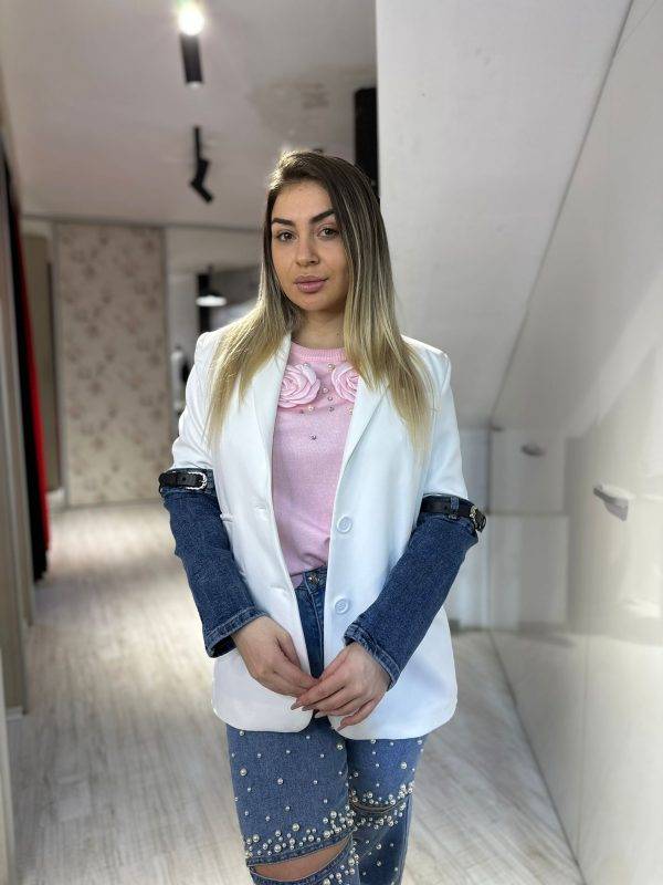 Sacou alb cu maneci de blug