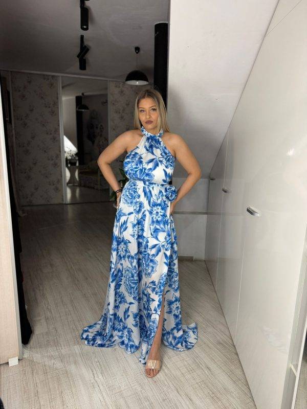 Rochie lunga din vascoza cu imprimeu albastru