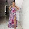 Rochie lunga,imprimeu roz cu flori