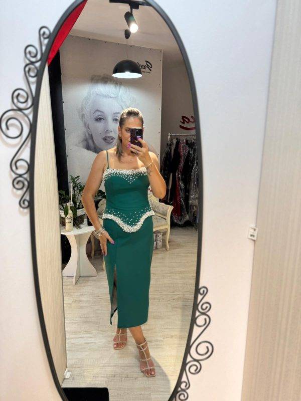 Rochie midi verde cu volan in talie