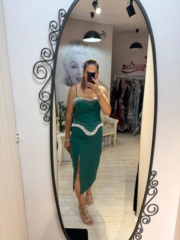 Rochie midi verde cu volan in talie