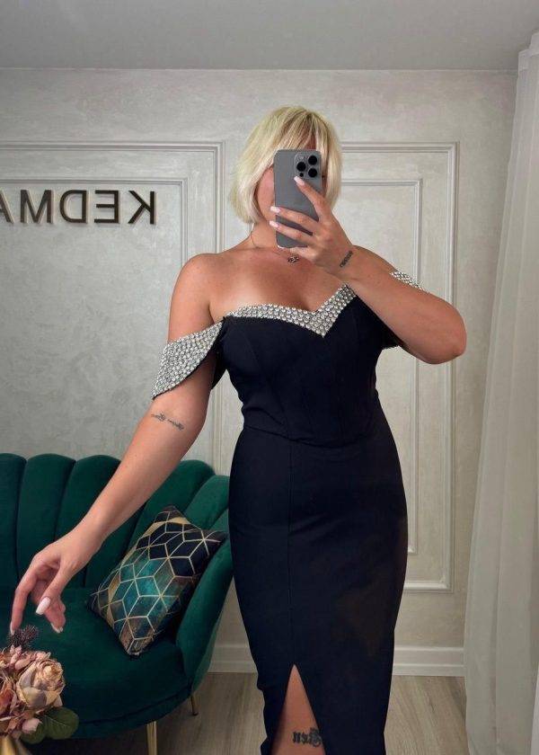 Rochie neagra midi cu corset si pietricele