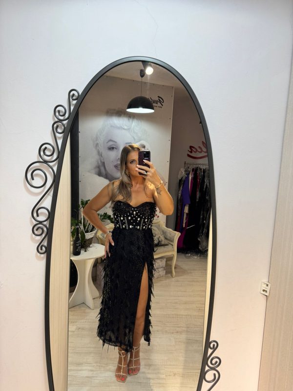 Rochie midi black cu pene si pietre