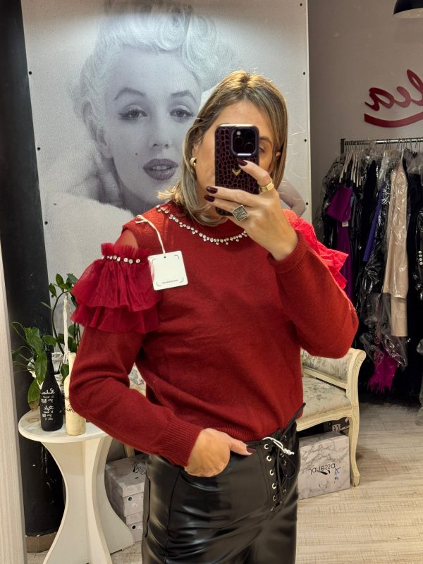 Bluza cu volan si tull  pe umeri