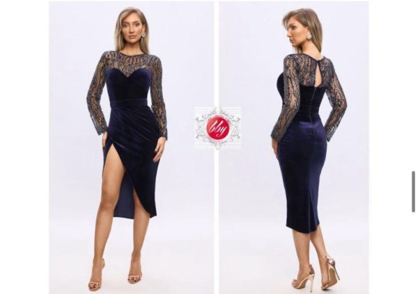 Rochie midi bleumarin din catifea