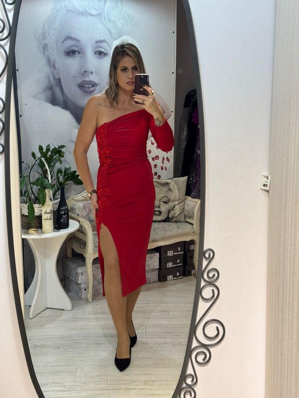 Rochie rosie,midi din lurex