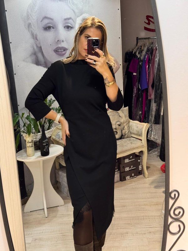 Rochie neagra,midi ,cu cordon in talie