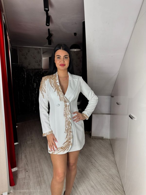 Rochie sacou alba cu insertii aurii