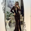 Rochie maro din catifea cu maneci lungi