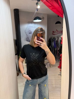 Tricou negru cu urs din paiete