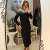 Rochie neagra midi cu perle pe umeri