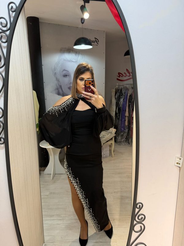 Rochie maxi black cu maneci bufante