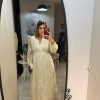 Rochie bej midi cu maneci bufante