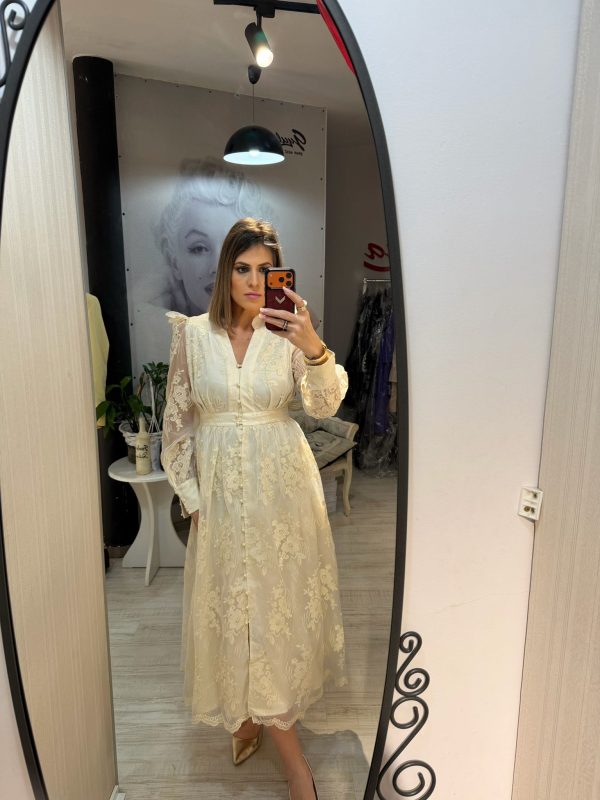 Rochie bej midi cu maneci bufante