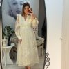 Rochie bej midi cu maneci bufante