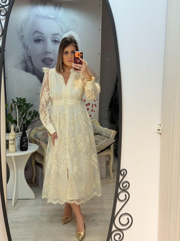 Rochie bej midi cu maneci bufante
