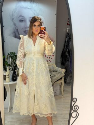 Rochie bej midi cu maneci bufante