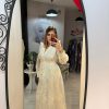 Rochie bej midi cu maneci bufante