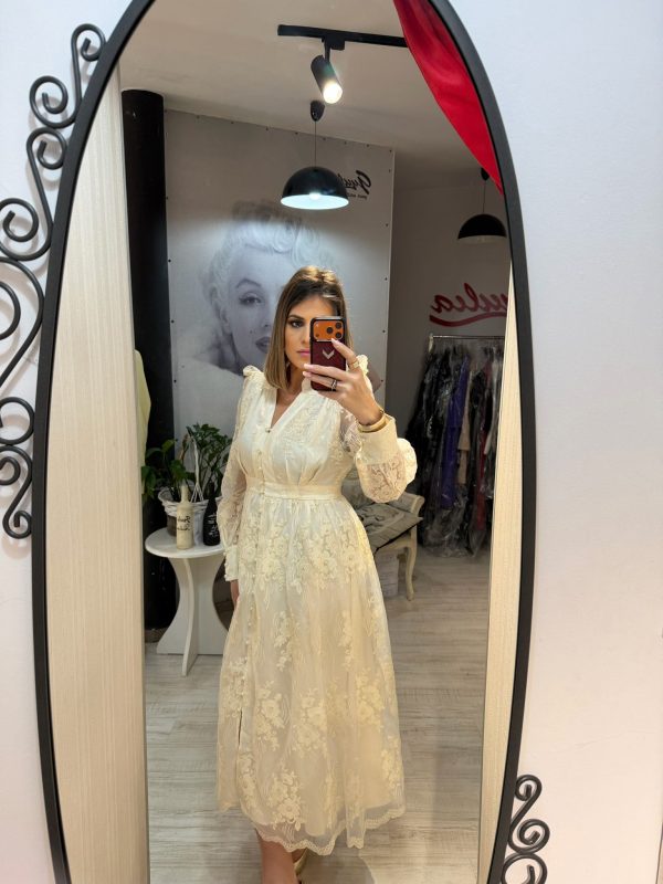 Rochie bej midi cu maneci bufante