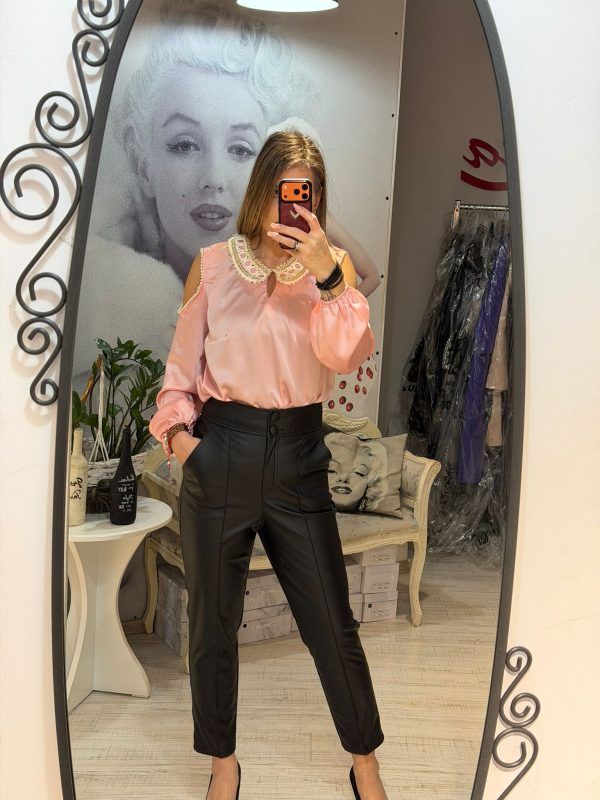 Pantalon piele eco negru cu buzunare