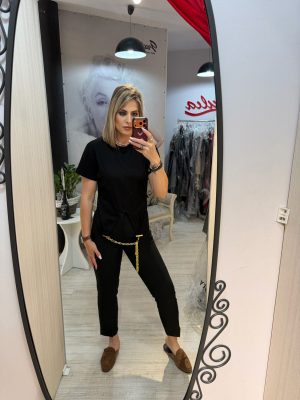 Pantalon karol negru cu nasture in talie