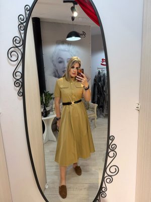 Rochie bej midi cu maneci scurte