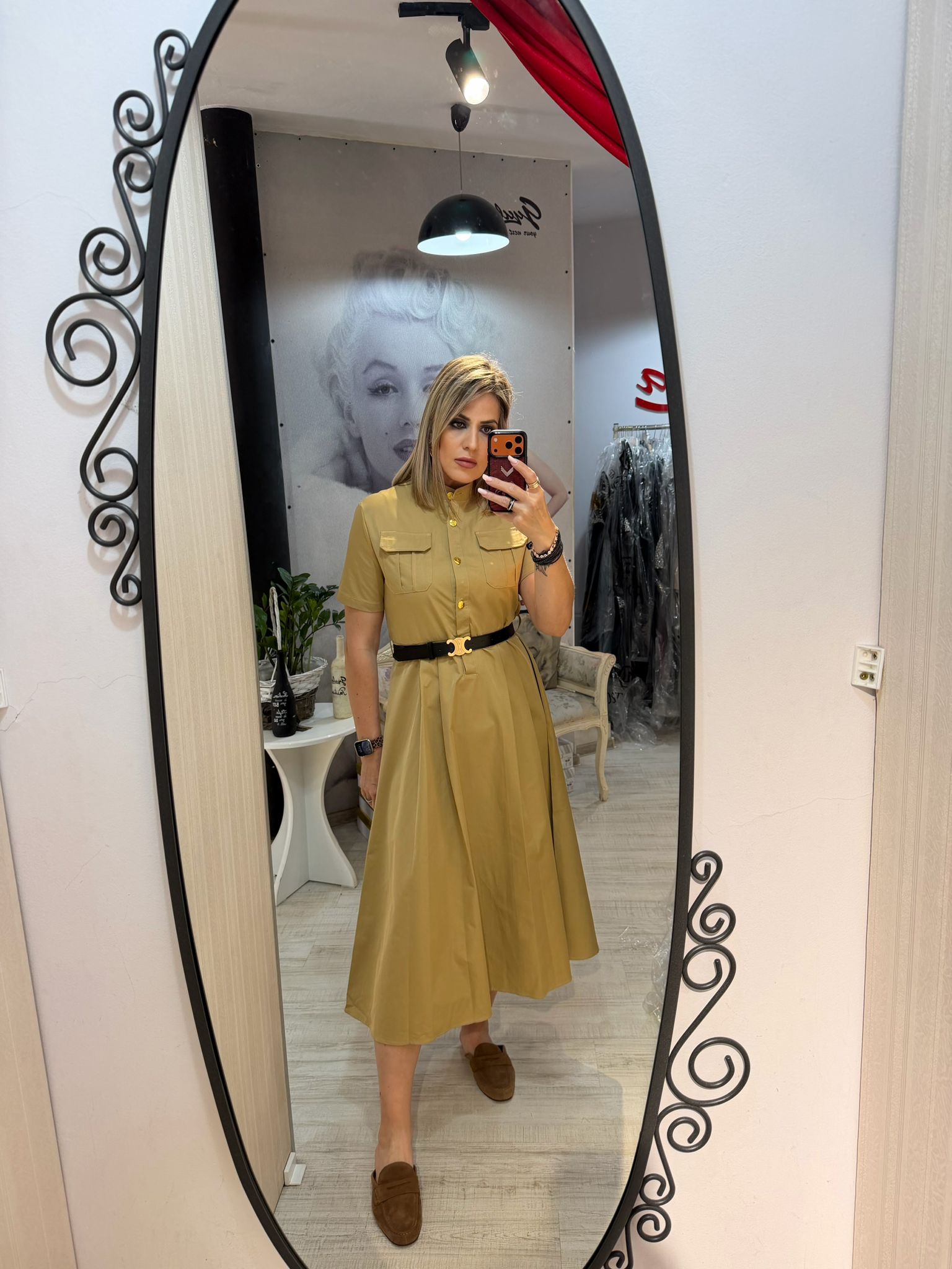 Rochie bej midi cu maneci scurte