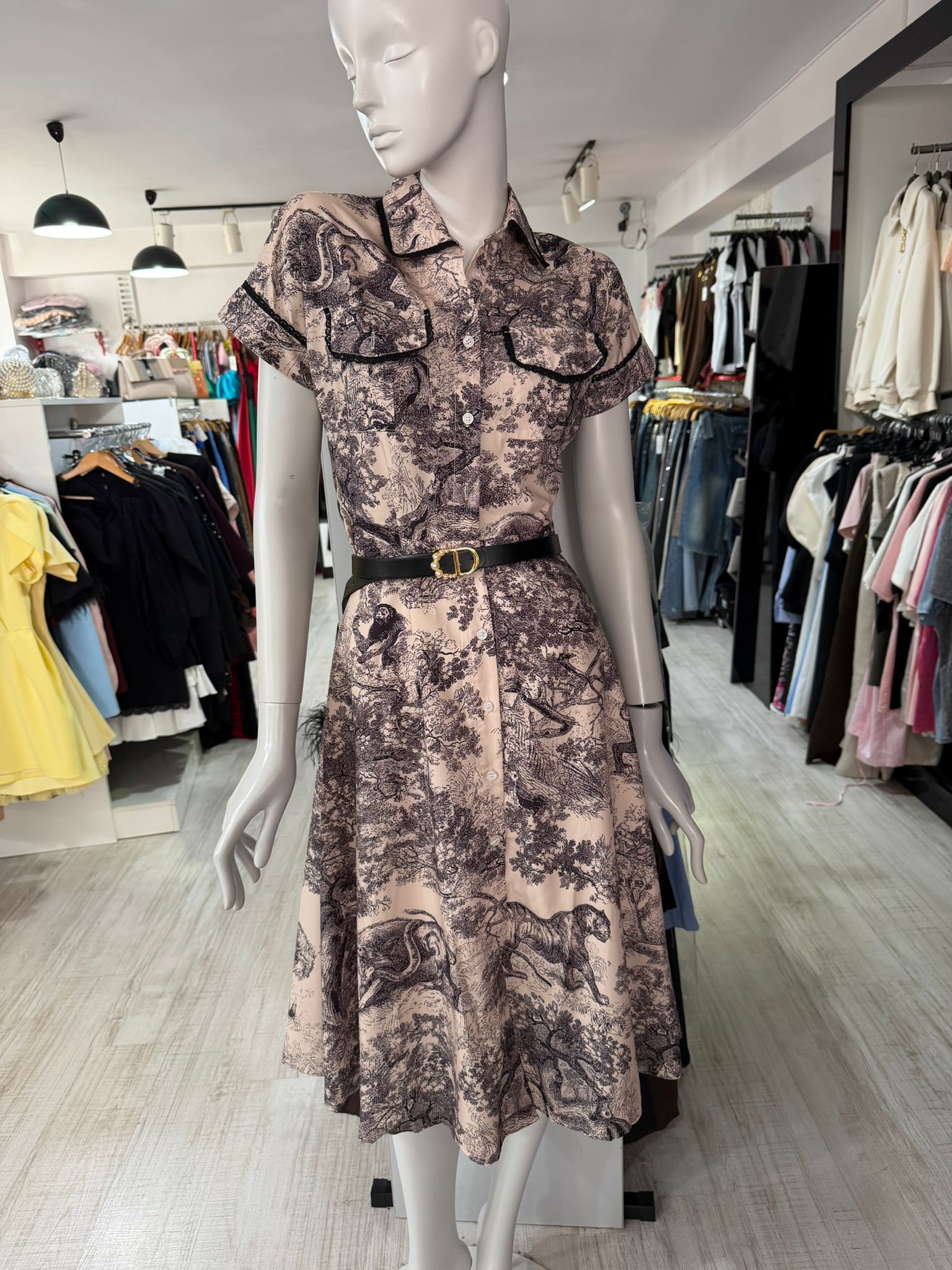 Rochie midi gri cu negru