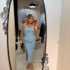 Rochie bleu midi cu volan in talie