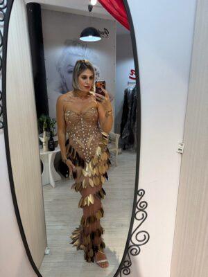 Rochie lunga bronz auriu cu aplicatii 3D