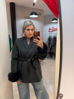 Palton scurt cu lana si blana detasabila